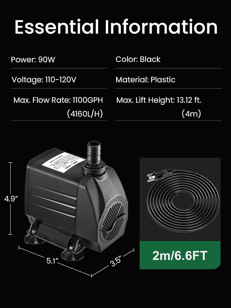 GROWNEER 1100GPH Submersible Pump 90W Fountain Water Pump 4100L/H, with 13ft High Lift, 4 Nozzles for Aquarium, Fish Tank, Pond, Hydroponics, Statuary, Garden, Black(1100GPH) - Image 5